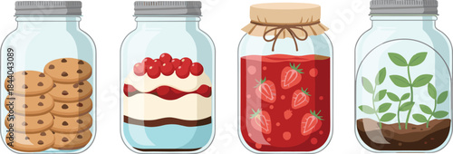 Cookies, Layer Cake, Strawberry Jam, and Plant Terrarium for Food Storage, Canning, and Home Decor Vector.