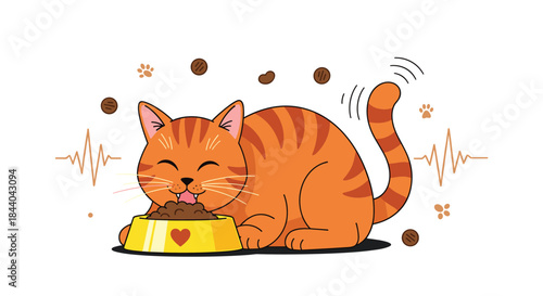Cute orange tabby cat with a happy expression, eagerly eating dry food from a yellow bowl with a heart on it.