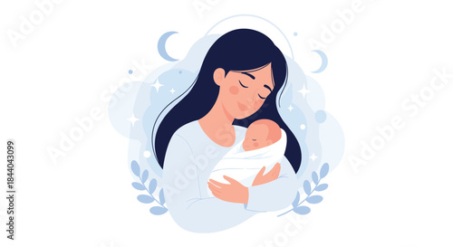 Loving mother with long dark hair tenderly holding her newborn baby, who is wrapped in a white blanket against a dreamy blue background.