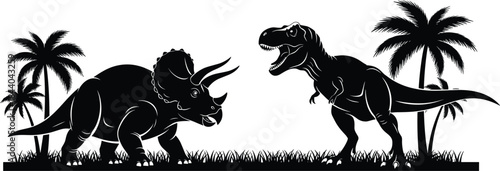 Black silhouette dinosaurs triceratops and tyrannosaurus rex with palm trees t rex prehistoric