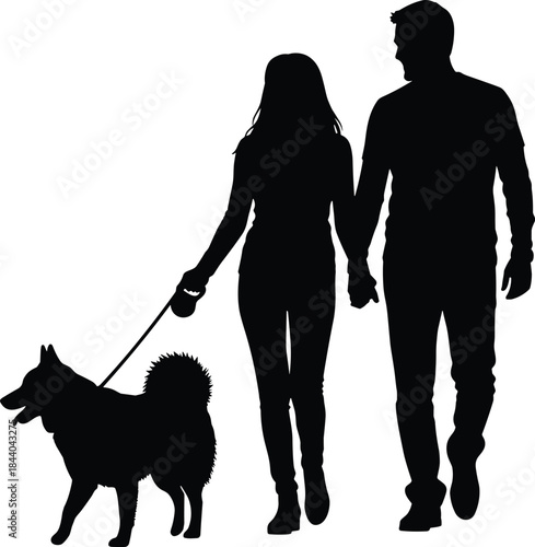 Black silhouette of a couple holding hands walking a dog on a leash vector