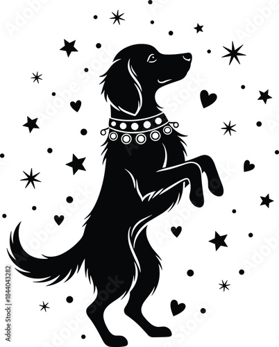 Black silhouette of a dog standing on hind legs with decorative collar and stars white