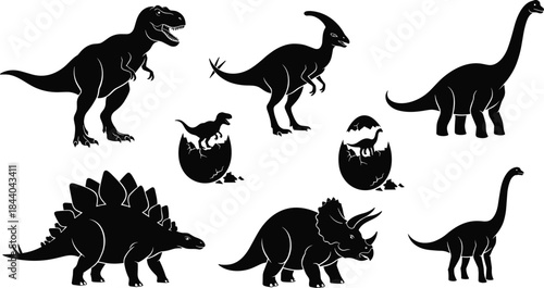 Collection of black dinosaur silhouettes and hatching eggs on white background Tyrannosaurus Rex