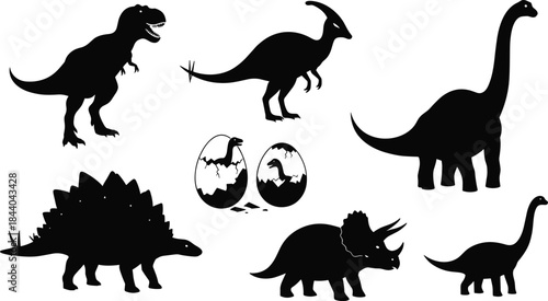 Collection of black dinosaur silhouettes and hatching eggs on white tyrannosaurus rex