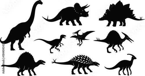 Collection of black dinosaur silhouettes on white background prehistoric ancient