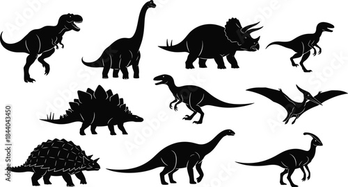 Collection of black dinosaur silhouettes on white background Tyrannosaurus Rex Triceratops