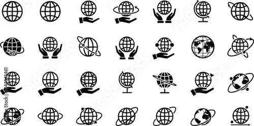Collection of black globe icons with various representations of global connection and travel world earth