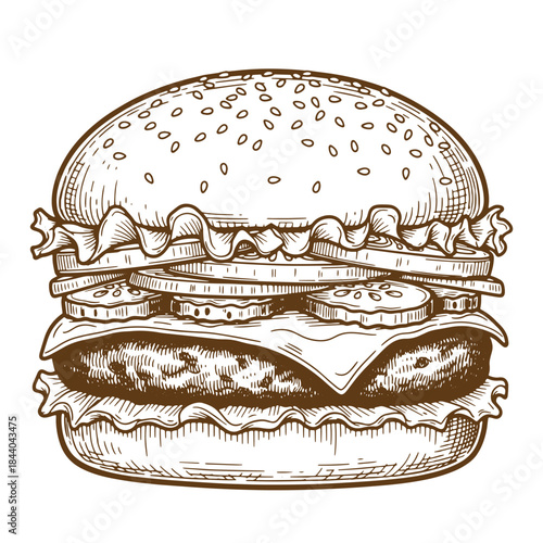 Detailed sketch of a delicious classic cheeseburger isolated on a white background
