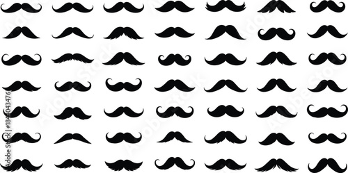 Collection of black mustache icons with varied styles on white background moustaches facial hair