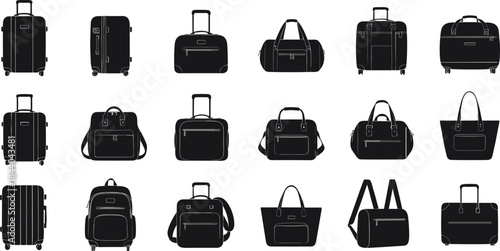 Collection of black silhouette travel bags and luggage on white background suitcase backpack