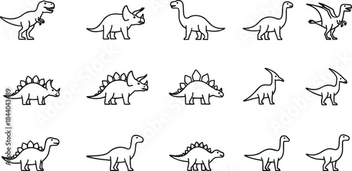 Collection of fifteen black outline dinosaur icons on white background tyrannosaurus rex