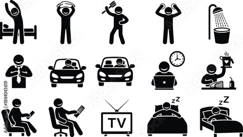 Daily Routine Icons Morning Hygiene Commute Work Relaxation Sleep stick figure stretching