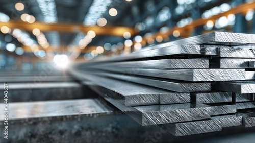 Medium shot of stainless steel sheet metal stockpile highlighting smooth reflective surfaces with blurred background emphasizing industrial material storage