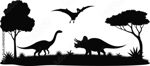 Silhouette of dinosaurs and pterodactyl flying over prehistoric landscape with trees vector