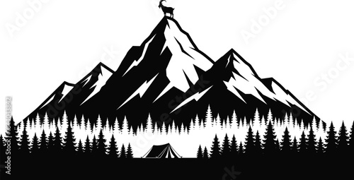Silhouette of ibex on mountain peak above pine forest and tent summit rock