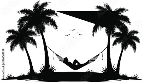 Silhouette of person relaxing in hammock between palm trees with birds flying vector