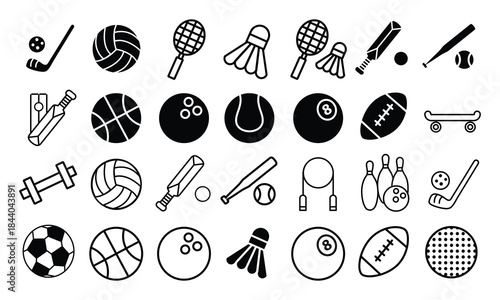 Sports icon set. Cute hand drawn sketch illustrations of soccer, basketball, baseball, tennis, boxing and more. Black and white cartoon art for athletic activity..eps