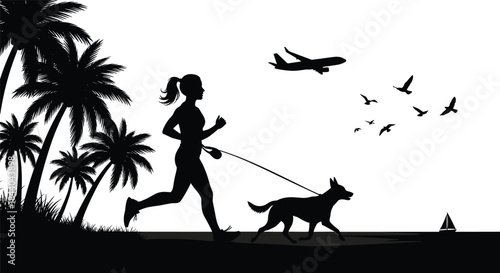 Silhouette of woman running with dog near palm trees and ocean with sailboat leash