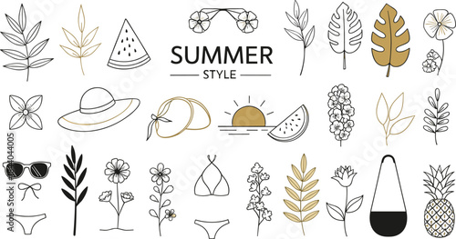 Summer style elements leaves flowers bikini hat sunglasses pineapple and watermelon branches