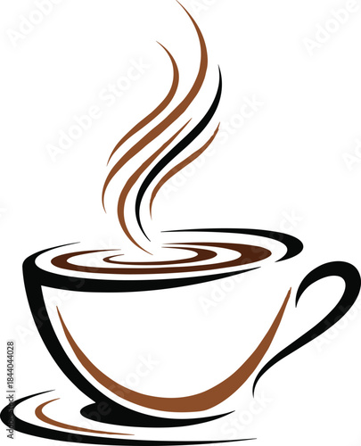 Stylized coffee cup with steam and saucer in black and brown hot drink beverage
