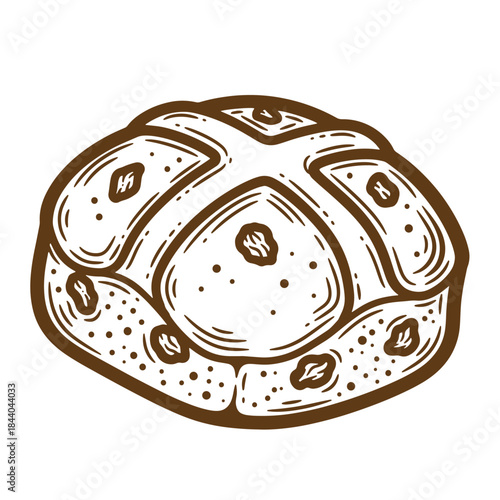 Hand drawn illustration of a traditional hot cross bun sketch in vintage style
