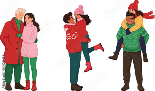 Three couples in winter clothing embracing and showing affection love embrace