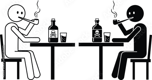 Two stick figures smoking pipes at tables with poison bottles person woman