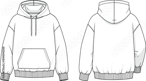 White hoodie front and back flat fashion sketch with drawstring and pocket sweatshirt hooded sweatshirt