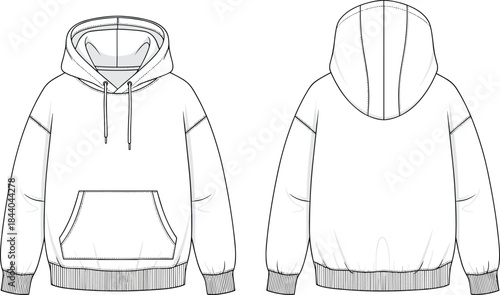 White hoodie front and back flat sketch with drawstring and pocket sweatshirt hooded sweatshirt