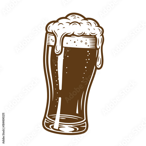 Vintage beer glass with overflowing foam illustration in sketch style for design