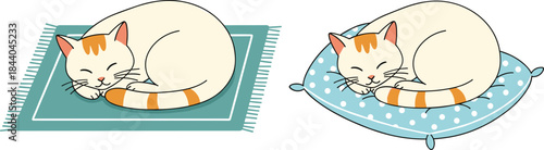 Cute orange and white cat curled up happily sleeping or napping on a teal rug and a cozy blue polka dot pillow vector illustration design.