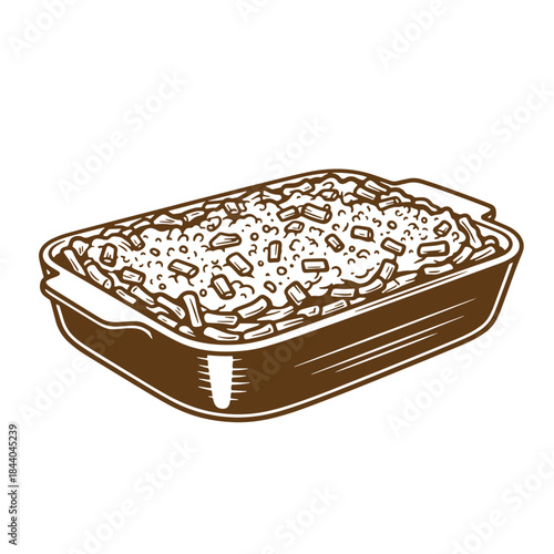Vintage brown casserole dish filled with tasty food isolated on white background