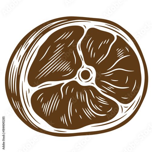 Vintage sketch illustration of a cross section of a delicious brown meat steak ready to cook