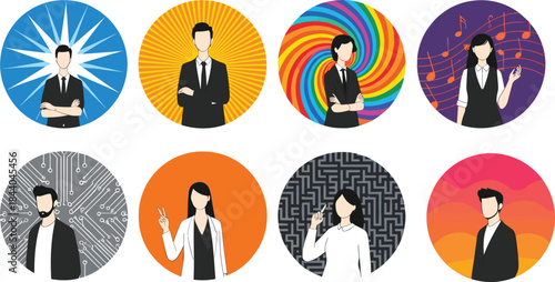 Diverse Character Traits and Personalities Icons with Abstract Backgrounds for Technology, Creativity, and Music.