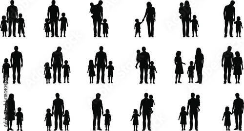 Parent and Child Silhouettes Set: Diverse Collection of People Icons Showing Adults with One or Two Young Children