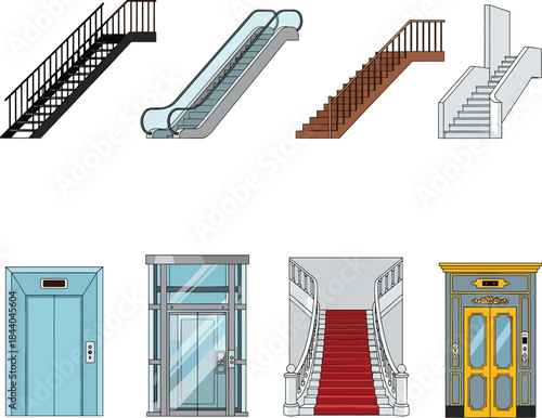Diverse Collection of Stairs, Escalators, and Elevators in Flat Line Art Vector Illustration.