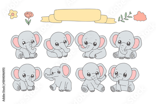set of cartoon flat design baby elephant . banner blank templates card. 