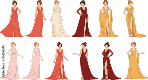 Elegant evening gown illustration set featuring stylish women in formal dresses for fashion design and vector content inspiration