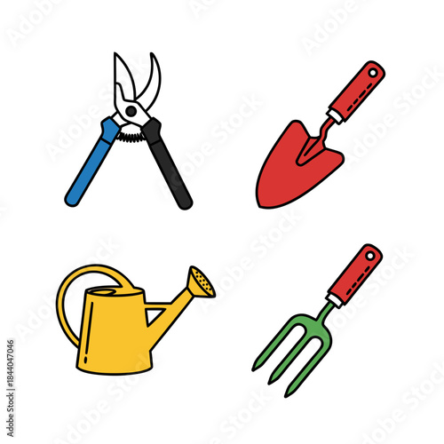 Gardening tools like pruners, trowel, watering can, and a small fork perfect for promoting backyard gardening and landscaping blogs.