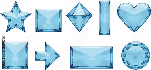 Faceted Diamond Cut Star, Heart, Arrow, and Square Jewel Icons Vector Collection