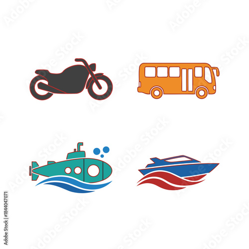 Motorcycle, bus, submarine, and speedboat depicted as cartoon icons. Suitable for transportation and travelrelated designs. Versatile and eyecatching visuals.