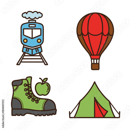 Train, hot air balloon, boot, tent, and apple icons for travel or outdoor adventure websites, brochures, social media posts, and presentations.