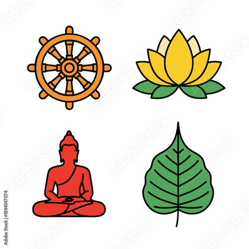 Symbols of buddhism wheel, lotus, and bodhi leaf. Perfect for spiritual designs, meditation materials, or cultural awareness content creation.