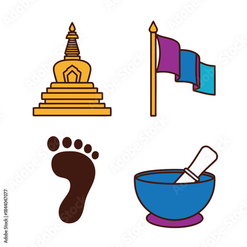 Showcases buddhist symbols like stupa, flag, footprint, and bowl. It is suitable for travel, cultural, and spiritual themes.