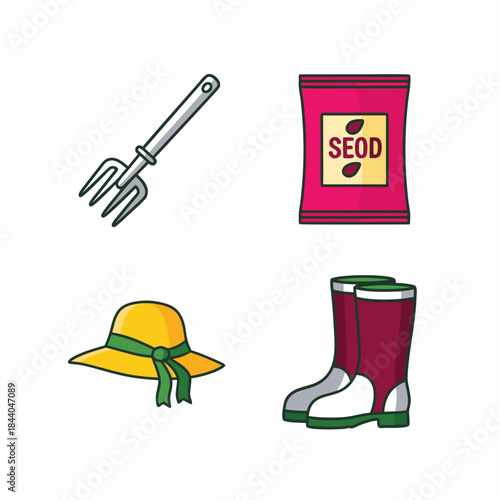 Gardening tools, seeds, a hat, and boots for gardening. Perfect for gardening enthusiasts, farm advertisements, and springtime promotional materials.