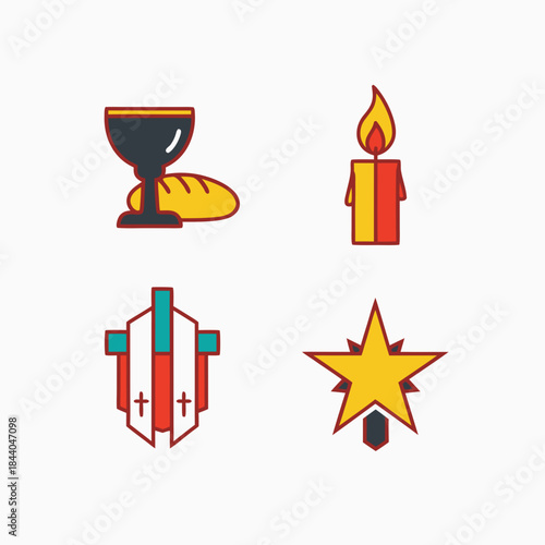 Chalice, bread, candle, church window, and star icons for religious designs. Ideal for church websites, religious books, or spiritual apps.