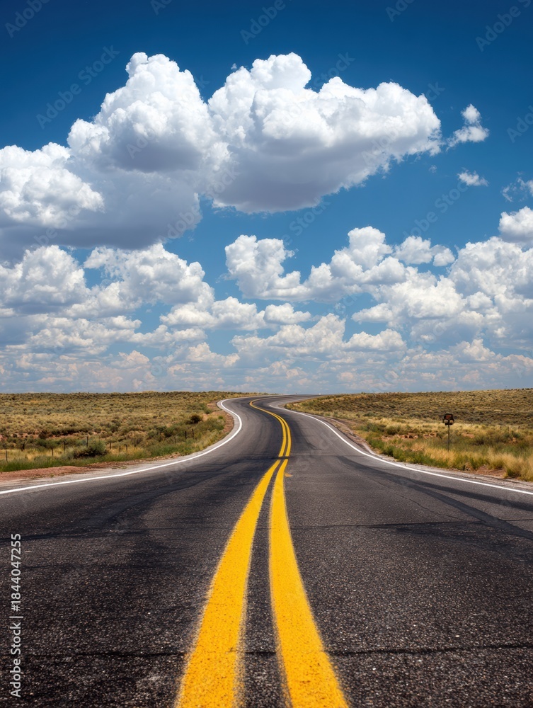 Fototapeta premium Winding Road Stretches Towards Horizon Under Blue Sky With Scattered Clouds on a Summer Day Along the Coastline