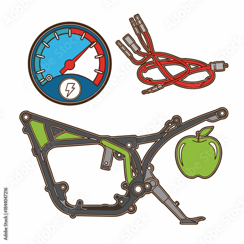 Bicycle Frame and Accessories Icon Set Featuring Bike Frame, Speedometer and Lock, Flat Colorful Icons for Cycling Equipment and Repair Concepts