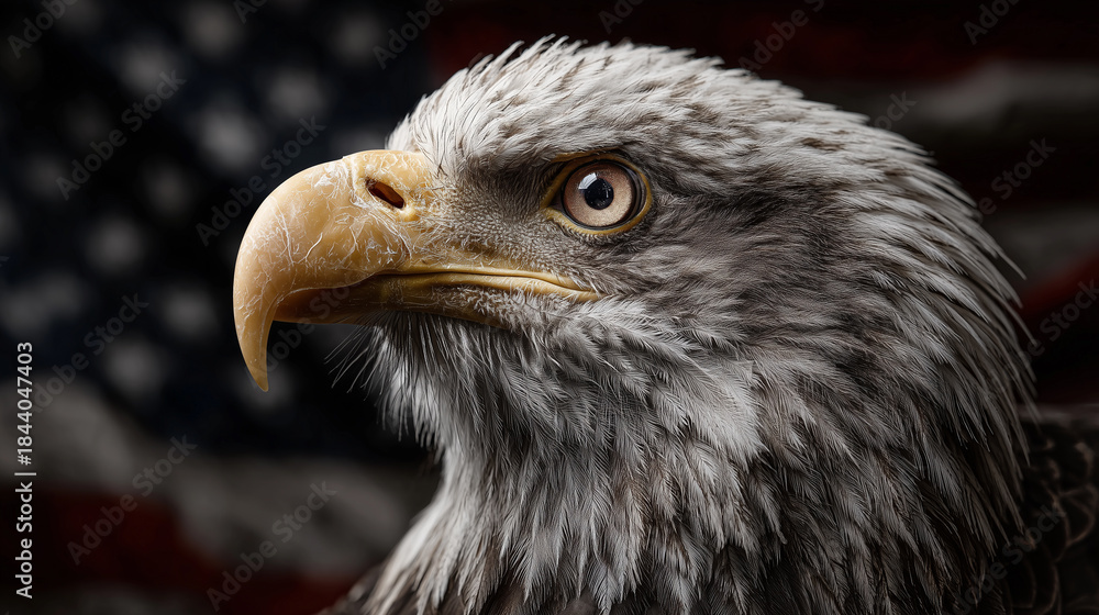 Fototapeta premium Majestic Bald Eagle Portrait Against the Background of Waving American Flag Symbolizing Freedom and Strength in Nature and Wildlife Photography