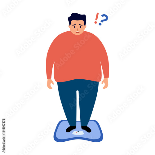 Overweight man standing on weight scale in flat design on white background. Weight gain anxiety.